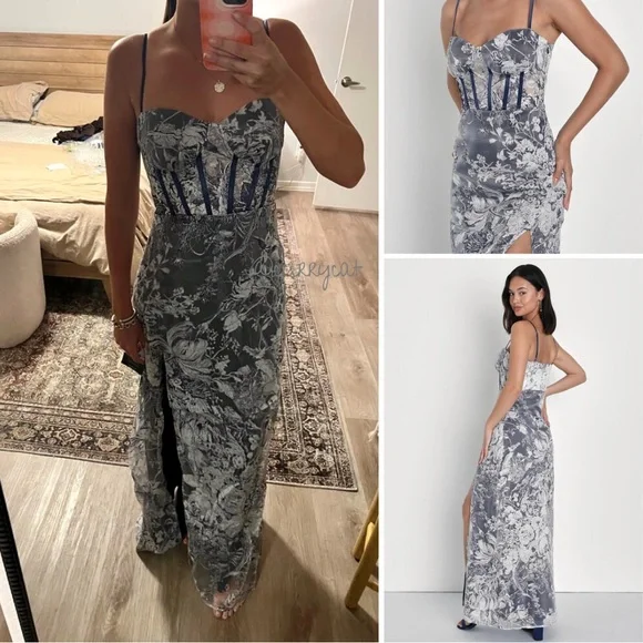 Lulus Classical Charisma Navy Blue and White Floral
Bustier Maxi Dress - Picture 1 of 2